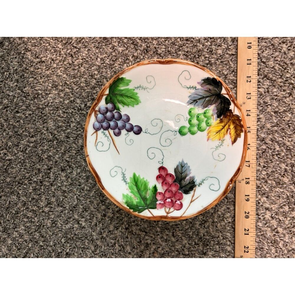 Vtg. Lefton Handpainted grape and vine design pedestal 9" cake stand